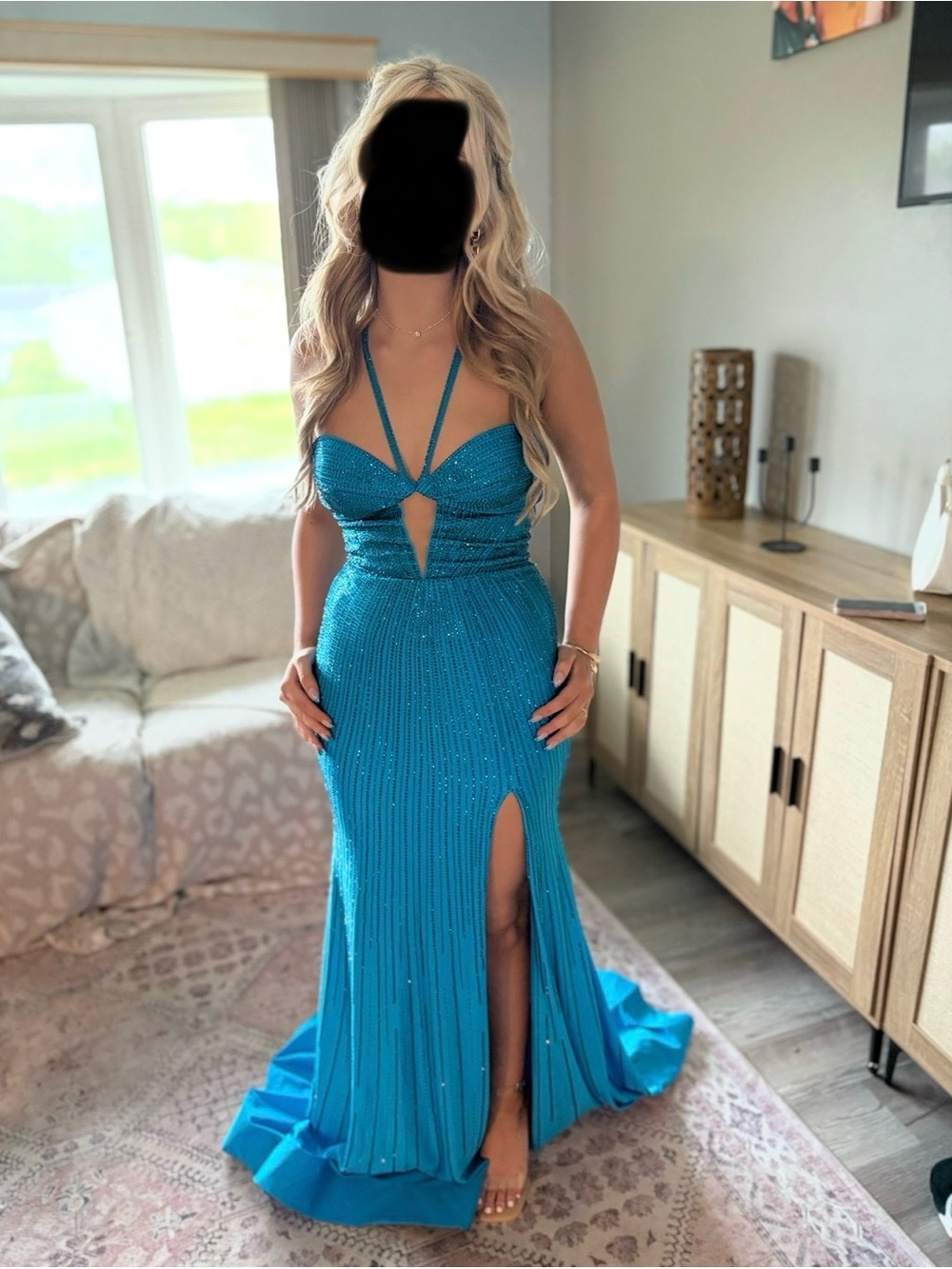 Sherri Hill Teal Strappy Beaded Prom Gown